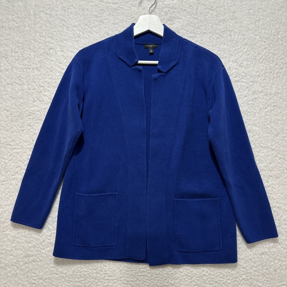 Talbots Petites Womens Royal Blue Open Front Knit Blazer Jacket Size Small